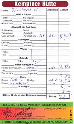 Bewirtungs-Quittung und Schlafmarke der Kemptner Htte