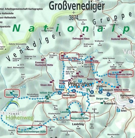 Rundstrecke der Hüttentour im Gebiet Großvenediger- und Lasörling-Gruppe (Hohe Tauern, Österreich)